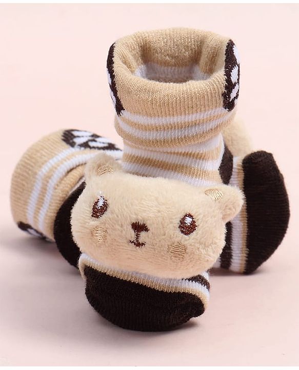 Cute Walk by Babyhug Fabric Ankle Length Socks Shoes with Striped Design & Bear Applique- Beige & Black