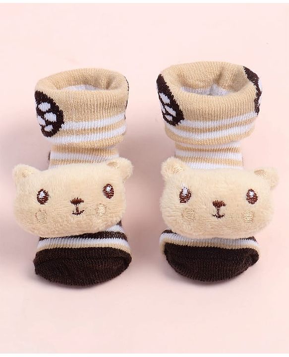 Cute Walk by Babyhug Fabric Ankle Length Socks Shoes with Striped Design & Bear Applique- Beige & Black