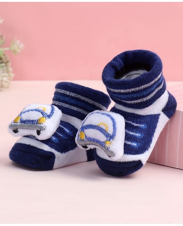 Cute Walk by Babyhug Fabric Ankle Length Socks Shoes with Striped Design &  Applique- Navy Blue & White