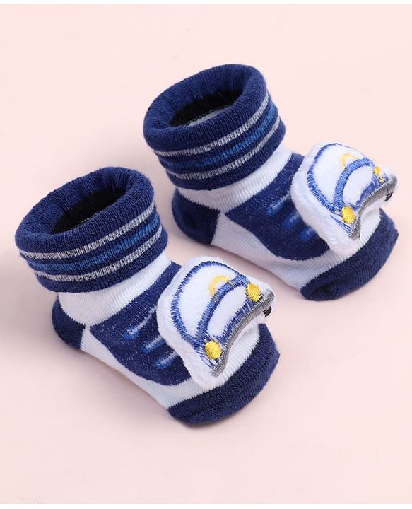 Cute Walk by Babyhug Fabric Ankle Length Socks Shoes with Striped Design &  Applique- Navy Blue & White