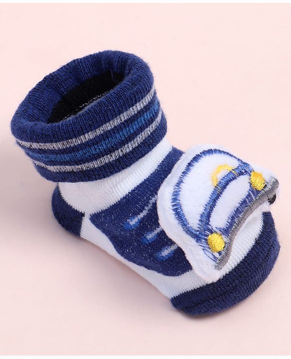 Cute Walk by Babyhug Fabric Ankle Length Socks Shoes with Striped Design &  Applique- Navy Blue & White
