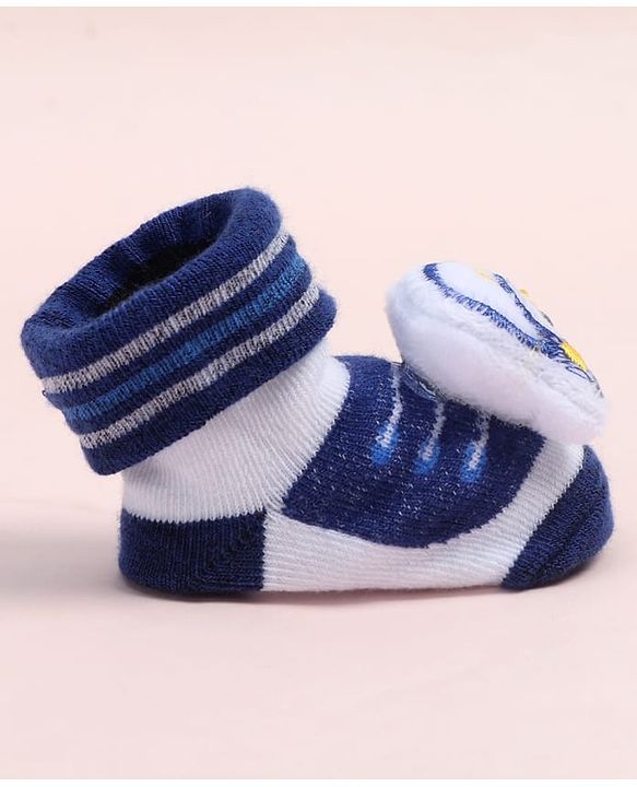 Cute Walk by Babyhug Fabric Ankle Length Socks Shoes with Striped Design &  Applique- Navy Blue & White