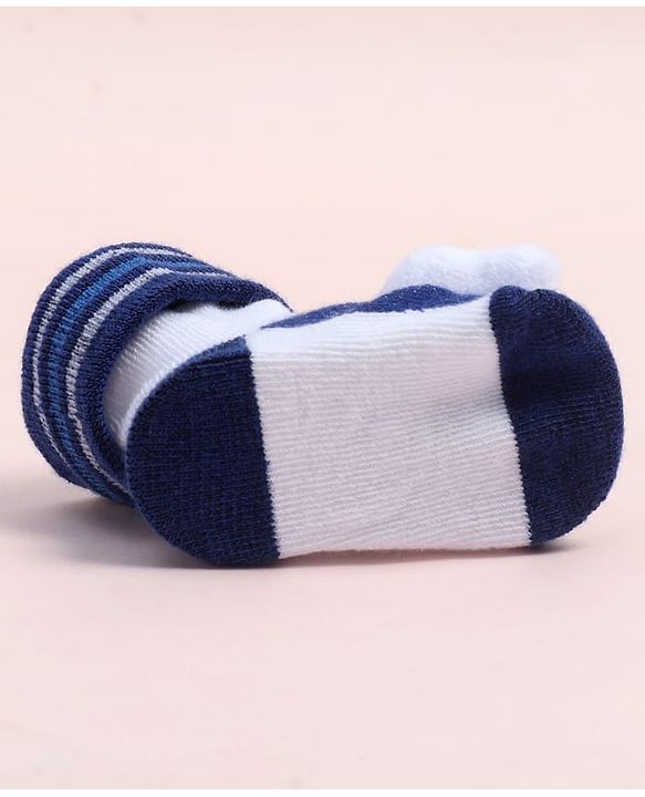 Cute Walk by Babyhug Fabric Ankle Length Socks Shoes with Striped Design &  Applique- Navy Blue & White
