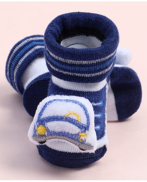 Cute Walk by Babyhug Fabric Ankle Length Socks Shoes with Striped Design &  Applique- Navy Blue & White