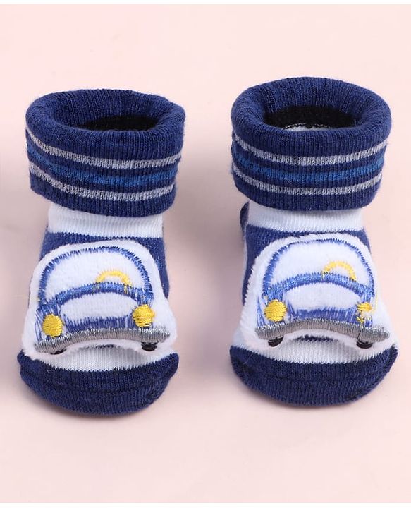 Cute Walk by Babyhug Fabric Ankle Length Socks Shoes with Striped Design &  Applique- Navy Blue & White