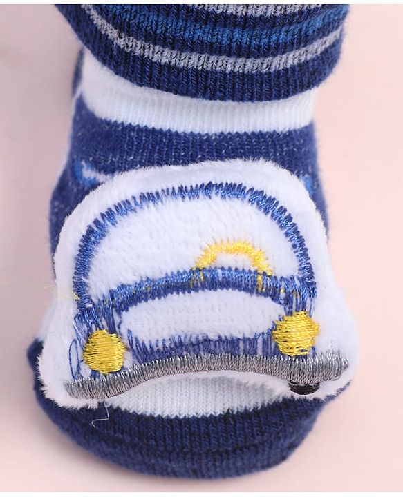 Cute Walk by Babyhug Fabric Ankle Length Socks Shoes with Striped Design &  Applique- Navy Blue & White