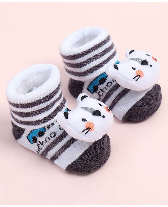 Cute Walk by Babyhug Fabric Ankle Length Socks Shoes with Striped Design & Bear Applique- White & Black