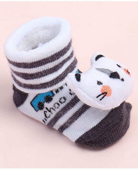Cute Walk by Babyhug Fabric Ankle Length Socks Shoes with Striped Design & Bear Applique- White & Black