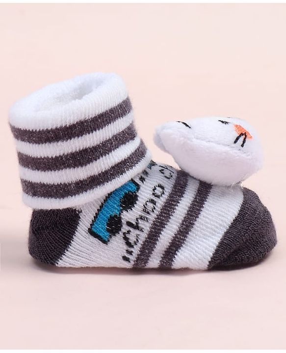 Cute Walk by Babyhug Fabric Ankle Length Socks Shoes with Striped Design & Bear Applique- White & Black