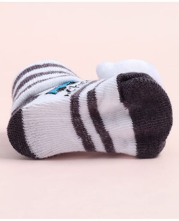 Cute Walk by Babyhug Fabric Ankle Length Socks Shoes with Striped Design & Bear Applique- White & Black