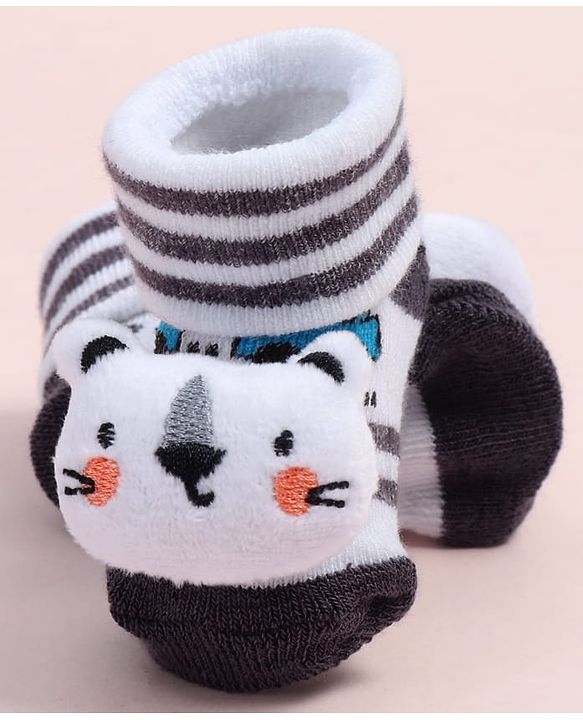 Cute Walk by Babyhug Fabric Ankle Length Socks Shoes with Striped Design & Bear Applique- White & Black