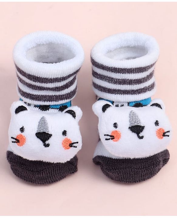 Cute Walk by Babyhug Fabric Ankle Length Socks Shoes with Striped Design & Bear Applique- White & Black