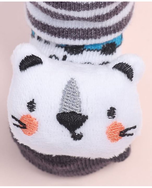 Cute Walk by Babyhug Fabric Ankle Length Socks Shoes with Striped Design & Bear Applique- White & Black