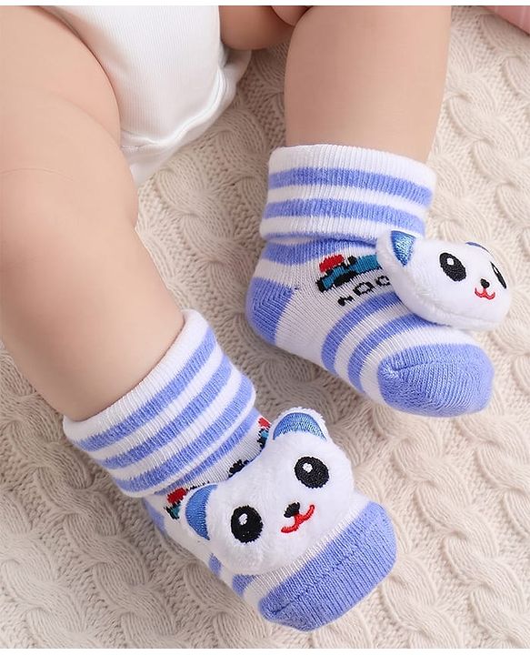 Cute Walk by Babyhug Fabric Ankle Length Socks Shoes with Striped Design & Bear Applique- Light Blue & White