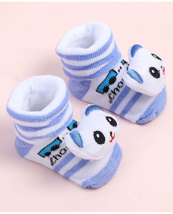 Cute Walk by Babyhug Fabric Ankle Length Socks Shoes with Striped Design & Bear Applique- Light Blue & White