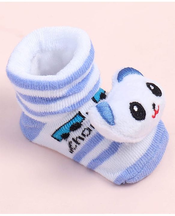 Cute Walk by Babyhug Fabric Ankle Length Socks Shoes with Striped Design & Bear Applique- Light Blue & White