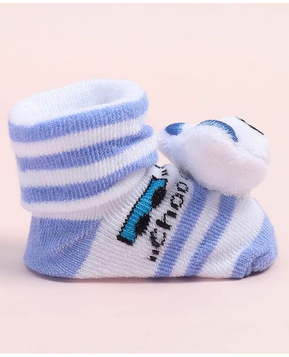Cute Walk by Babyhug Fabric Ankle Length Socks Shoes with Striped Design & Bear Applique- Light Blue & White