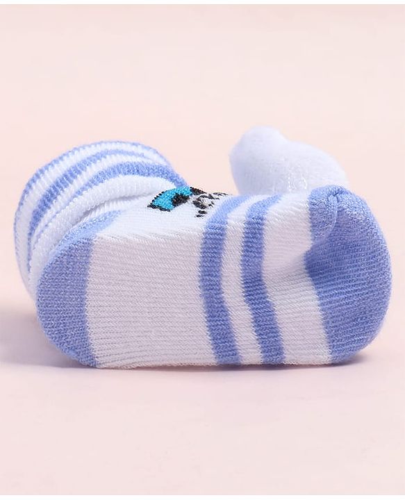 Cute Walk by Babyhug Fabric Ankle Length Socks Shoes with Striped Design & Bear Applique- Light Blue & White