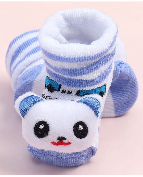 Cute Walk by Babyhug Fabric Ankle Length Socks Shoes with Striped Design & Bear Applique- Light Blue & White