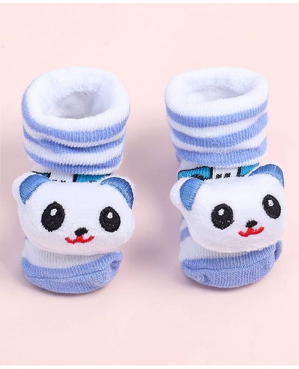 Cute Walk by Babyhug Fabric Ankle Length Socks Shoes with Striped Design & Bear Applique- Light Blue & White