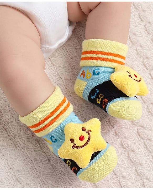 Cute Walk by Babyhug Fabric Ankle Length Socks Shoes with Alphabet Design & Star Applique- Black & Yellow