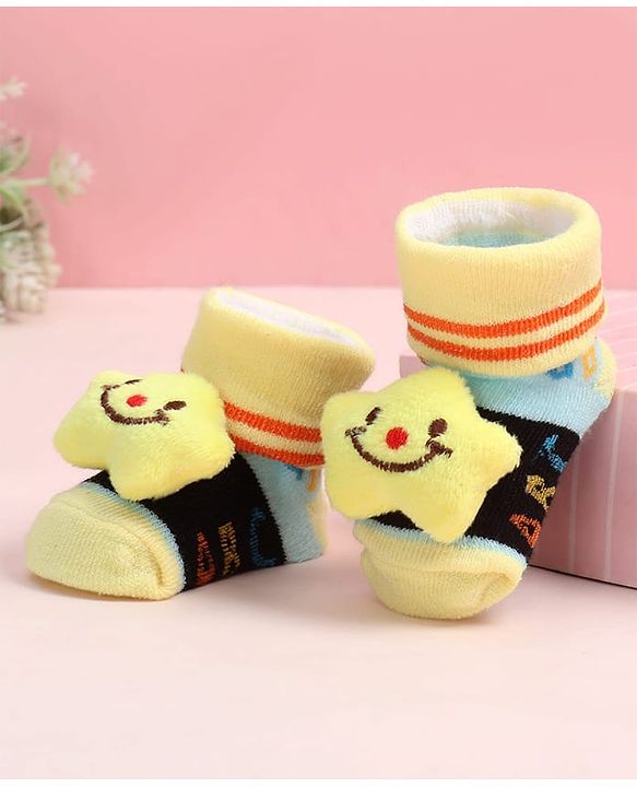 Cute Walk by Babyhug Fabric Ankle Length Socks Shoes with Alphabet Design & Star Applique- Black & Yellow