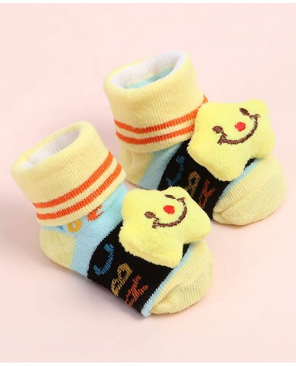 Cute Walk by Babyhug Fabric Ankle Length Socks Shoes with Alphabet Design & Star Applique- Black & Yellow