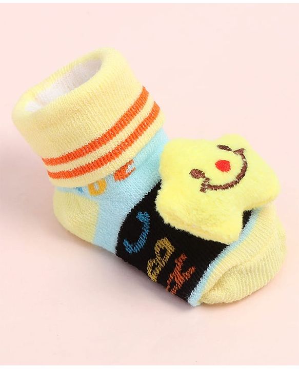 Cute Walk by Babyhug Fabric Ankle Length Socks Shoes with Alphabet Design & Star Applique- Black & Yellow