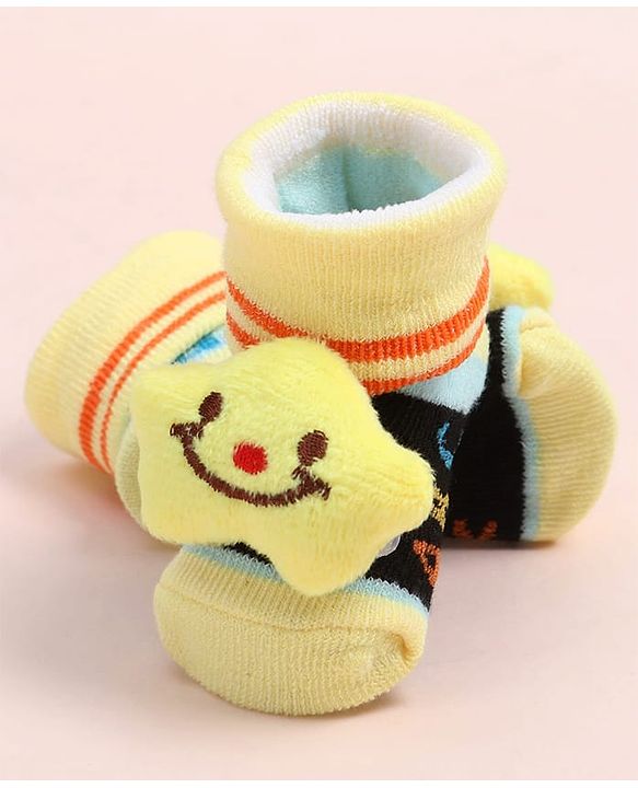 Cute Walk by Babyhug Fabric Ankle Length Socks Shoes with Alphabet Design & Star Applique- Black & Yellow