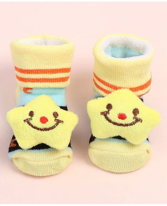 Cute Walk by Babyhug Fabric Ankle Length Socks Shoes with Alphabet Design & Star Applique- Black & Yellow