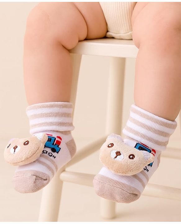 Cute Walk by Babyhug Fabric Ankle Length Socks Shoes with Train Design & Kitten Applique- Biege