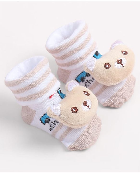 Cute Walk by Babyhug Fabric Ankle Length Socks Shoes with Train Design & Kitten Applique- Biege