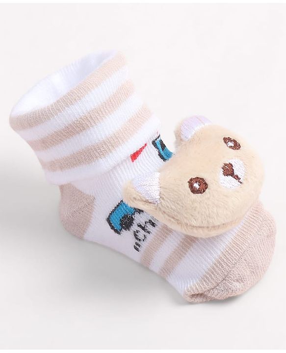 Cute Walk by Babyhug Fabric Ankle Length Socks Shoes with Train Design & Kitten Applique- Biege