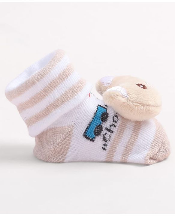 Cute Walk by Babyhug Fabric Ankle Length Socks Shoes with Train Design & Kitten Applique- Biege