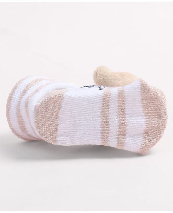 Cute Walk by Babyhug Fabric Ankle Length Socks Shoes with Train Design & Kitten Applique- Biege