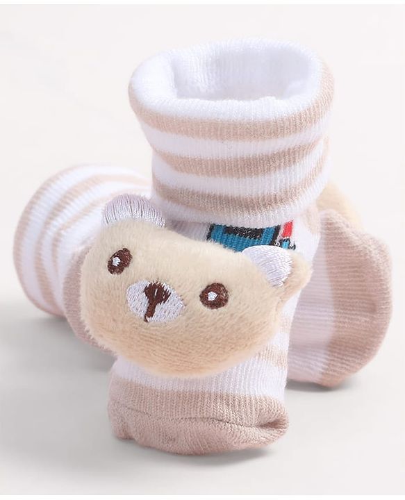 Cute Walk by Babyhug Fabric Ankle Length Socks Shoes with Train Design & Kitten Applique- Biege