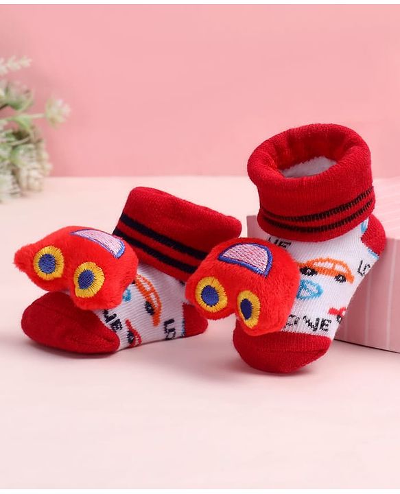 Cute Walk by Babyhug Fabric Ankle Length Socks Shoes with Car Design & Applique- Red