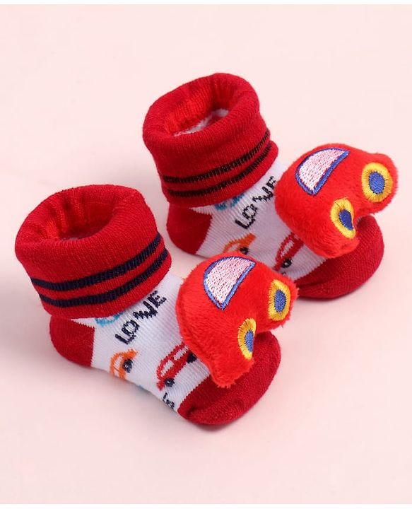 Cute Walk by Babyhug Fabric Ankle Length Socks Shoes with Car Design & Applique- Red