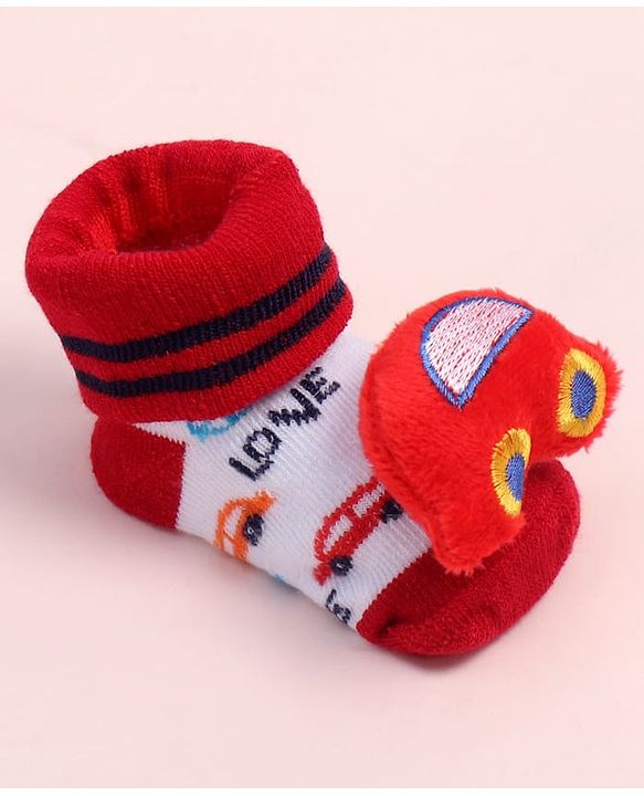 Cute Walk by Babyhug Fabric Ankle Length Socks Shoes with Car Design & Applique- Red