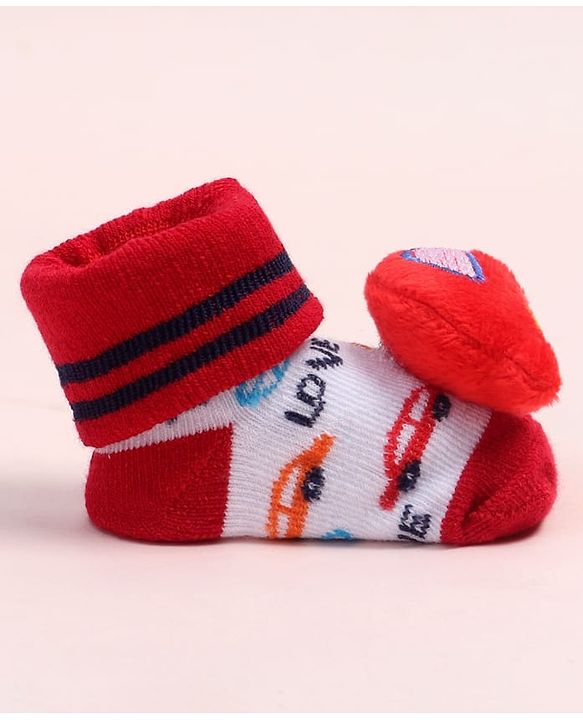 Cute Walk by Babyhug Fabric Ankle Length Socks Shoes with Car Design & Applique- Red