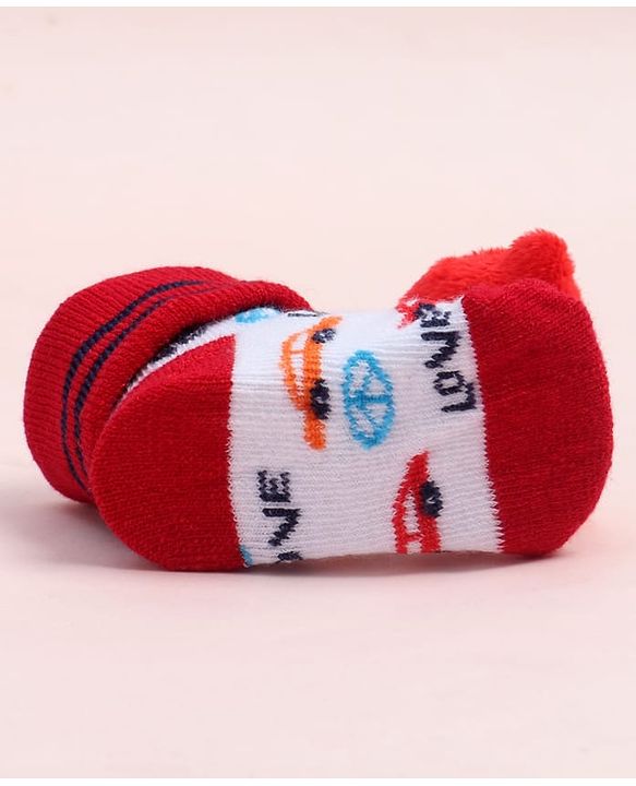 Cute Walk by Babyhug Fabric Ankle Length Socks Shoes with Car Design & Applique- Red