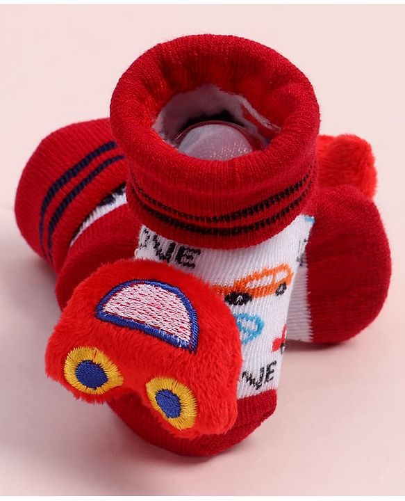 Cute Walk by Babyhug Fabric Ankle Length Socks Shoes with Car Design & Applique- Red
