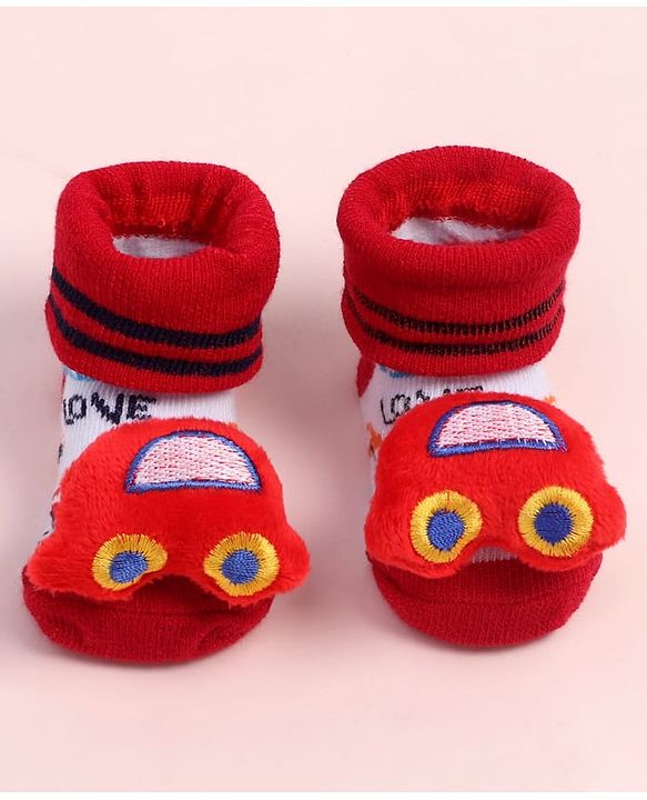 Cute Walk by Babyhug Fabric Ankle Length Socks Shoes with Car Design & Applique- Red