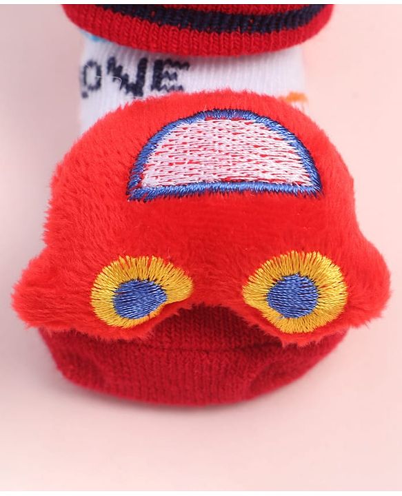 Cute Walk by Babyhug Fabric Ankle Length Socks Shoes with Car Design & Applique- Red