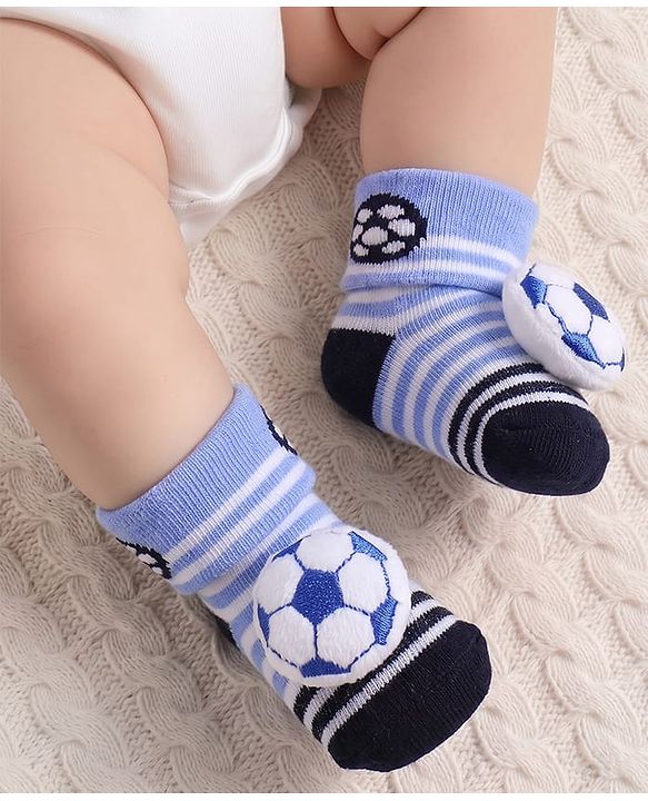 Cute Walk by Babyhug Fabric Ankle Length Socks Shoes with Striped Design & Ball Applique- Blue & Black