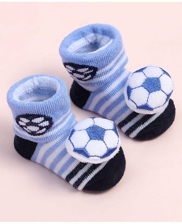 Cute Walk by Babyhug Fabric Ankle Length Socks Shoes with Striped Design & Ball Applique- Blue & Black