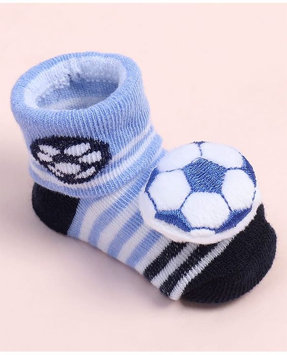 Cute Walk by Babyhug Fabric Ankle Length Socks Shoes with Striped Design & Ball Applique- Blue & Black