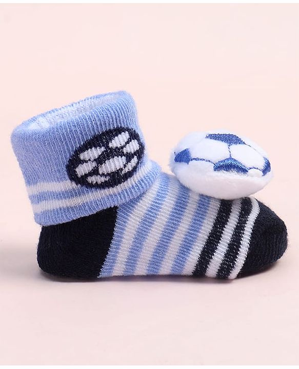 Cute Walk by Babyhug Fabric Ankle Length Socks Shoes with Striped Design & Ball Applique- Blue & Black