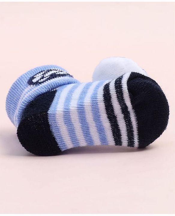 Cute Walk by Babyhug Fabric Ankle Length Socks Shoes with Striped Design & Ball Applique- Blue & Black