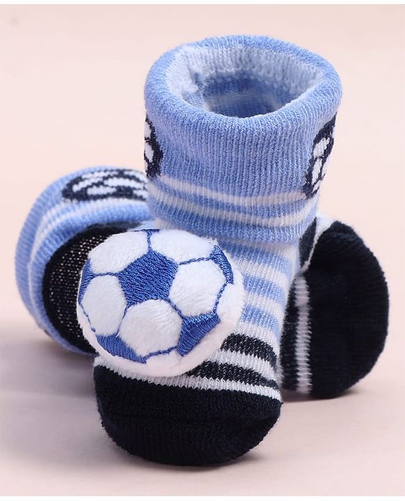 Cute Walk by Babyhug Fabric Ankle Length Socks Shoes with Striped Design & Ball Applique- Blue & Black